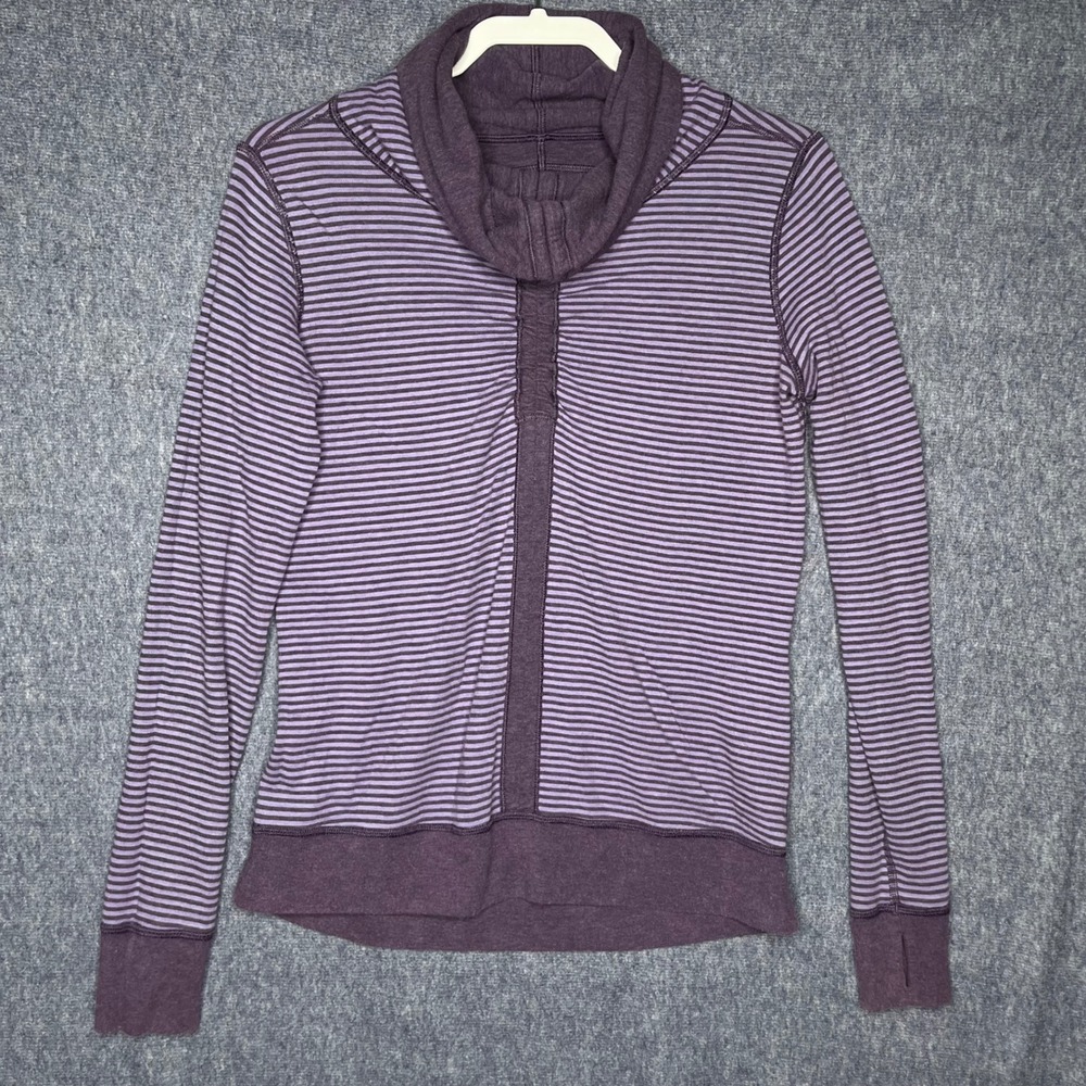 Lululemon Reversible Cowl Neck Pullover Purple Striped Long Sleeve Thumbholes